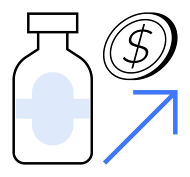 İlaç şişesi, dolar sikke ve artan sağlık giderlerini vurgulayan yukarı doğru ok. Tıp ekonomisi, fiyatlandırma eğilimleri, sağlık hizmetleri enflasyonu, ilaç endüstrisi, maliyet analizi için ideal