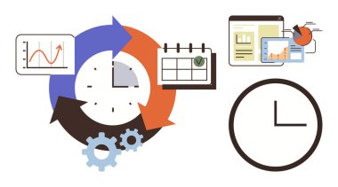 Dönen okları, grafikleri, vitesleri ve organizasyonu, verimliliği, planlamayı ve iş akışını vurgulayan takvimi olan saat. Zaman izleme, verimlilik araçları verimlilik proje yönetimi için ideal