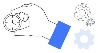 El ele tutuşan saat, çeşitli vitesler organizasyon, verimlilik ve takım çalışmasını sembolize ederken zaman yönetimini vurgular. Üretkenlik, planlama, düzenleme, iş akışı, iş stratejisi için ideal