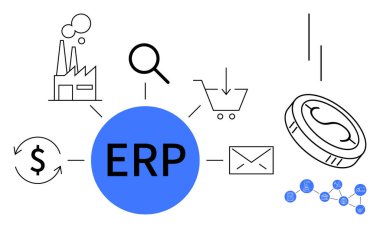 ERP fabrika, büyüteç, alışveriş arabası, dolar, posta, bozuk para ve veri noktalarıyla bağlantılı. Teknoloji, iş bütünleşmesi veri yönetimi verimlilik stratejisi için ideal basit düz metafor
