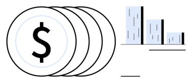 Basitleştirilmiş bar grafiğinin yanında bir dolar işareti olan bozuk paralar yığını. Finans, yatırım, bütçe yönetimi, ekonomik büyüme, iş analizleri, tasarruflar, muhasebe için ideal. Temiz düz metafor
