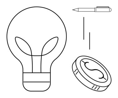 Yaprak dizaynlı ampul, kalem ve bozuk para. Yenilik, ekoloji, sürdürülebilirlik, yatırım, yaratıcılık girişimcilik ve finans konuları için idealdir. Minimalist düz metafor