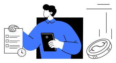Verimliliği, zaman yönetimini ve finansal başarıyı vurgulayan saat ve madeni para içeren tablet ve kontrol listesi tutan kişi. İş, planlama, organizasyon, finans, verimlilik stratejisi için ideal