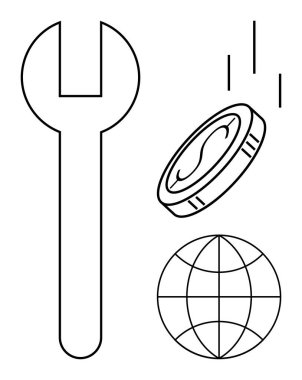 Küresel ekonomiyi, finansal yönetimi, fırsatları ve problem çözmeyi temsil eden minimalist çizgileri olan anahtar, para, dünya. Zenginlik, mühendislik, işbirliği yeniliği için ideal