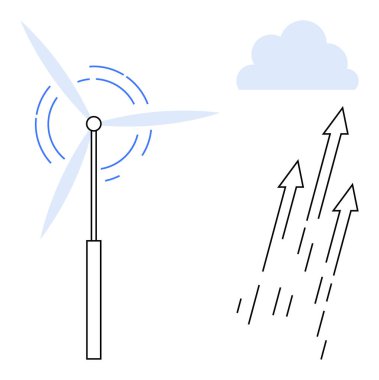 Rüzgar türbini enerji üretiyor, yukarıda mavi bulut, yukarı doğru enerji hareketini simgeleyen oklar. Yenilenebilir enerji, sürdürülebilirlik, teknoloji, çevre, enerji üretimi, temiz enerji için ideal