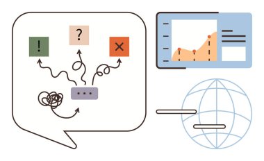 Karmaşık düşüncelerden, sohbet balonundaki kararlara, analitik grafiğe ve küreye oklar akar. Sorun çözme, karar verme, analitik, strateji, iletişim, küresel takım çalışması için ideal basit