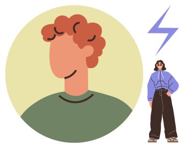 Kıvırcık saçlı minimalist insan portresi sıradan giyinmiş figür, yıldırım ve yumuşak sessiz tonlar. Modern kimlik, moda, bireysellik, yaratıcılık, gençlik kültürü için ideal