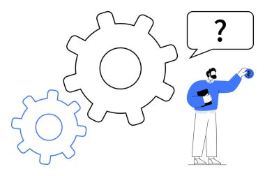 Elinde defter tutan bir adam, iki büyük vites ve bir soru işaretiyle çözümleri düşünüyor. İş akışı, yenilik, problem çözme, mühendislik, strateji, beyin fırtınası planlama için ideal. Basit düz