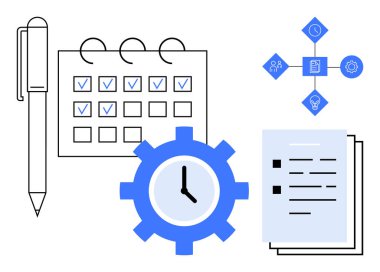 Kalem, takvim kontrol işaretleri, saat donanımı, belgeler ve organizasyonu vurgulayan görev simgeleri. Verimlilik, planlama, iş akışı, karar verme takım çalışması verimliliği için ideal
