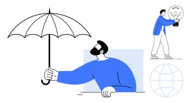 Şemsiye tutan adam korumayı, güvenliği simgeler. Ampulü olan kişi fikirleri, yaratıcılığı temsil eder. Küre küresel ağ kurulmasını öneriyor. Güvenlik, yenilik, yaratıcılık ve destek için ideal