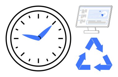 Zaman yönetimini temsil eden saat, üretkenlik için analitik görüntüleme ve sürdürülebilirlik için geri dönüşüm logosu. İş, verimlilik, ekoloji, iş akışı, kaynak optimizasyonu için ideal