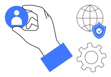 Dünya, kalkan ve teçhizatlı kullanıcı profili ikonu. Kullanıcı yönetimi, veri iş akışı, siber güvenlik, küresel hizmetler, HR çözümleri, dijital kimlik çevrimiçi platformları için ideal