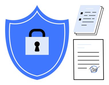 Kilitli bir kalkan, veri güvenliğini simgeliyor. Yığılmış belgeler ve imzalanmış bir anlaşma. Siber güvenlik için ideal, yasal belge koruması, gizlilik, sözleşmeler, gizlilik politikası, uyum basit