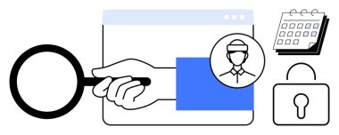 Bir profili, tarayıcı arayüzünü, takvimi ve asma kilidi analiz eden büyüteç. Siber güvenlik, kimlik doğrulama, zaman yönetimi, erişim kontrolü, gizlilik çevrimiçi profiller için idealdir.