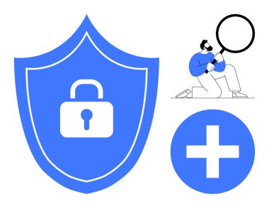 Kilit sembollü kalkan, büyüteçle kontrol eden kişi ve artı işareti. Veri koruması için ideal, siber güvenlik, gizlilik, analiz, güvenlik denetimi güvenli erişim. Temiz düz metafor