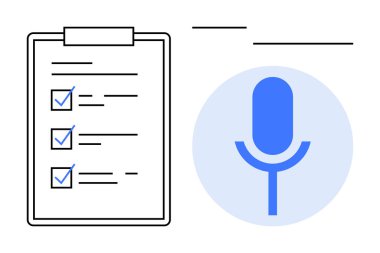 Tamamlanmış görevleri ve konuşma girdisini öneren mikrofon simgesine sahip kontrol listesi. Üretkenlik, ses teknolojisi, görev yönetimi, verimlilik, organizasyon, planlama ve yenilik için ideal. Basit düz