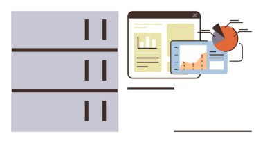 Analitik grafiklere, grafiklere ve gösterge paneline bağlı sunucu rafları ve veri depolama simgeleri. Teknoloji, büyük veri, analitik, web geliştirme, veritabanı yönetimi, bilişim çözümleri için ideal