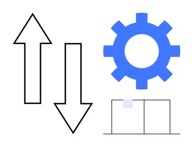Yukarı ve aşağı oklar, mavi dişli ve basit çizelge çizelgeleri iş akışını, verimliliği ve optimizasyonu gösterir. İş için ideal, veri analizi, üretkenlik, süreç yönetimi
