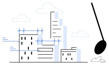 İnşaat halindeki gökdelenler, iskele ve yakında sallanan bir yıkım topu. Kentsel planlama, mimari, altyapı, yeniden yapılanma, takım çalışması, ilerleme ve modern zorluklar için ideal