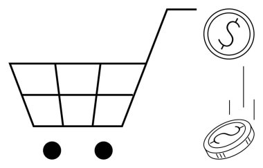 Minimalist alışveriş arabasının yanına iki bozuk para yığılmış. Perakende, ticaret, harcama, bütçe, ekonomi, çevrimiçi alışveriş, müşteri tasarrufu için ideal. Temiz, düz metafor