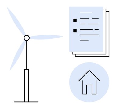 Rüzgar türbini, kurşun noktalı belgeler ve bir ev ikonu yenilenebilir enerji, çevre dostu politikalar, enerji yönetimi, sürdürülebilir konut, yeşil çözümler, temiz teknolojiyi ön plana çıkarıyor