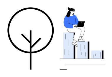 Çubuk grafikte oturan kadın soyut ağaç şekline yakın bir yerde dizüstü bilgisayarla çalışıyor. Büyüme, sürdürülebilirlik, teknoloji, uzaktan çalışma, eğitim, veri analizi, kişisel gelişim için idealdir. Basit düz