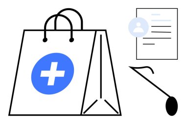 İçinde tıbbi haç simgesi olan kağıt torba, hasta detayları olan pano ve stetoskop. Sağlık, e-ticaret, eczane, hasta bakımı, çevrimiçi sağlık hizmetleri, basit teletıp dairesi için ideal