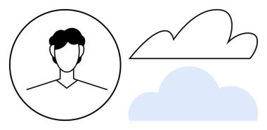 Yuvarlak avatar simgesi, bir kullanıcı silueti ve iki biçimlendirilmiş bulut şekli, biri ana hatlı, biri dolu. Çevrimiçi kimlik, bulut hesaplama, veri depolama, ağ, teknoloji, iletişim için ideal