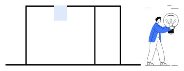Minimalist çerçevenin yanında, yaratıcılığı ve fikirleri temsil eden ampulle yürüyen kişi. Yenilik için ideal, ilham, düşünce liderliği, beyin fırtınası, problem çözme, tasarım, yaratıcılık