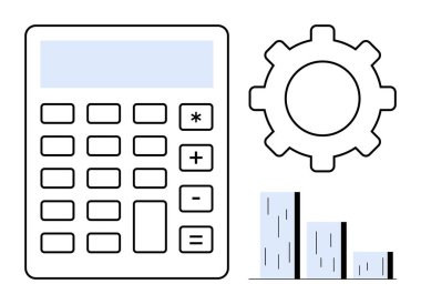 Mali hesap makinesi dişli ve bar grafiğinin yanında hesaplamalar, süreçler ve veri analizini temsil ediyor. Finans, muhasebe, bütçe, iş stratejisi, optimizasyon, planlama için ideal