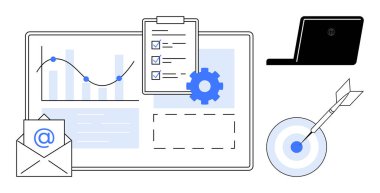 Veri eğilimli grafikler, panodaki kontrol listesi, e- posta simgesi, oklu hedef ve dizüstü bilgisayar. İş stratejisi, üretkenlik, analitik, hedef belirleme, veri izleme takım çalışması projesi için ideal