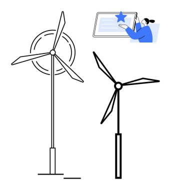 Aerodinamik bıçaklı rüzgar türbinleri ve bir yıldızın altını çizen dijital arayüzle etkileşime giren bir insan. Sürdürülebilirlik, çevre koruma, yenilik, yenilenebilir enerji, temiz