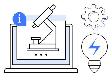 Dizüstü bilgisayar ekranında mikroskop, vites simgesi ve yıldırımlı ampul. Bilim, fikirler, araştırma, eğitim, teknoloji yenilikleri için idealdir. Basit düz metafor