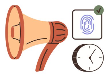 Megafon iletişimi vurgular, parmak izi ikonu güvenliği, saat ise zaman yönetimini simgeler. Takım çalışması, bildirimler, hatırlatıcılar, mahremiyet, üretkenlik, teslim tarihleri için ideal