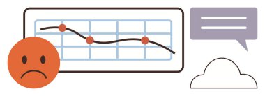 Eğilim grafiğinin, konuşma baloncuğunun ve bulutun yanındaki üzgün surat. İş sorunları, analitik, performans, kriz, geribildirim duyguları takım çalışması için idealdir. Basit düz metafor