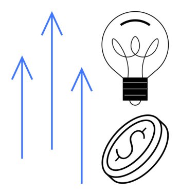 Yenilik için ampul, finansal büyüme için dolar ve ilerleme ve başarı için yukarı doğru oklar. Büyüme, finans, yenilik, fikirler, ilerleme ve başarı için idealdir. Basit.