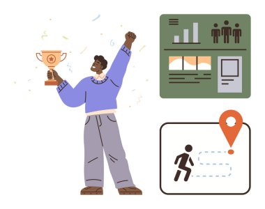 Kutlama için elinde bir kupa tutan kişi, istatistik paneli ve koşucu yolu haritasının yanında. Başarı, başarı, motivasyon, rekabet, liderlik, hedef stratejisi için idealdir. Basit düz metafor