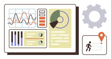 Çizelgeler, çubuk grafikler, pasta grafikleri, veri ölçümleri, ayarlama dişlileri ve ilerleme yolu ile konum işaretleyicisi içeren etkileşimli gösterge paneli. Analiz, iş stratejisi, planlama metrikleri izleme için ideal