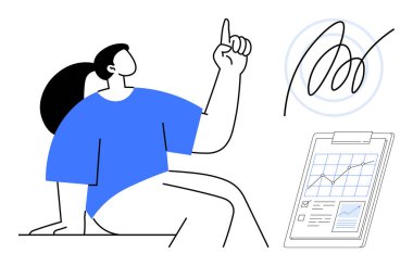 Bir fikri işaret eden kişi, tablolar ve grafikler gösteren bir pano, mürekkep imzası. İş için ideal, yenilik, planlama, analitik, anlaşmalar, asgari beyin fırtınası