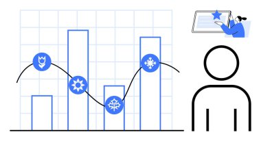 Bar tablosu ve sezon simgelerine sahip grafikler, ekranda veri erişimi olan kullanıcı sembolleri. Analiz, iş, mevsimler, yapay zeka tasarımı, araştırma eğitimi veri içgörüleri için idealdir. Basit düz metafor