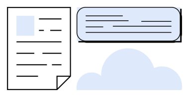 Dijital dosya paylaşımını gösteren metin, konuşma balonu ve bulut simgesine sahip belge. Bulut depolama, iletişim, takım çalışması, uzaktan çalışma, işbirliği, üretkenlik için ideal basit düz metafor