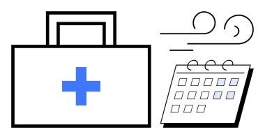 İlk yardım çantasında mavi haç, takvimin yanında üfleme çizgileri var. Sağlık, planlama, hazırlık, acil durumlar, sağlık programları, zaman yönetimi, basit düz metafor