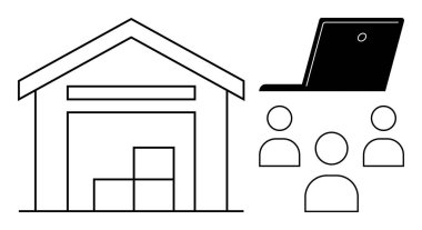 Yığınla kutu, dizüstü bilgisayar ve takım çalışması, lojistik ve teknoloji destekli yönetimi temsil eden üç kullanıcı simgesi olan bir depo. E-ticaret, takım çalışması, lojistik ve teknoloji tedarik zinciri için ideal