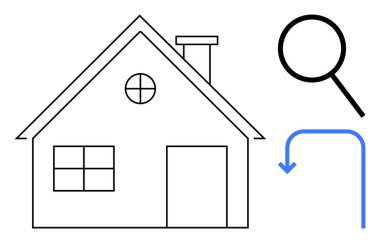Büyüteçli ve eğri oklu bir evin taslağı. Ev teftişi, gayrimenkul değerlendirmesi, mülkiyet analizi, araştırma, navigasyon, problem çözme ve büyüme kavramları için ideal. Basit.
