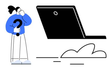 Elinde büyük bir soru işareti olan bir kadın dizüstü bilgisayar ve bulut yakınında kafa yoruyor. Karar verme, problem çözme, teknoloji karmaşası, dijital zorluklar, beyin fırtınası, bulut hesaplaması, belirsizlik için ideal