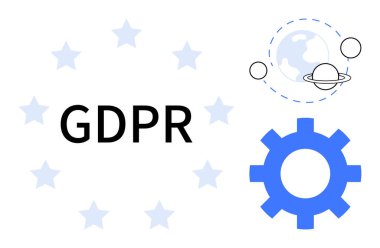 Yıldızlar, bir dişli ve küresel veri akışı tasarımı ile çevrili blok metin GDPR. Veri gizliliği, yönetmelikler, AB politikaları, güvenlik, hukuk ve teknoloji için ideal. Basit düz metafor