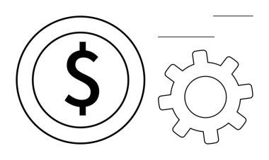 Dolar madeni para ve dişli ikonu, mali yönetim, otomasyon, verimlilik ve takım çalışmasını simgeliyor. Finans, iş, teknoloji, strateji endüstrisi optimizasyonu için ideal. Basit düz