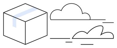 Basit bulutların yanında karton kutu hızlı teslimatı, verimliliği ve lojistiği gösteriyor. Nakliye, dağıtım hizmetleri, e-ticaret, bulut depolama, hız, tedarik zinciri basit düz metafor