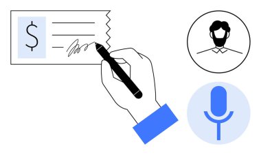 El ele tutuşup bir form imzalayın. Dolar işareti, profil simgesi ve mikrofon grafiği içeriyor. Finans, sözleşmeler, kimlik doğrulama, güvenlik, e-imza kimlik doğrulaması için ideal basit düz metafor