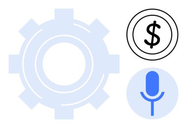 Basit bir dolar işareti ve mikrofonun yanında büyük bir vites. Teknoloji, finans, otomasyon, iletişim, iş, ekonomi, dijital araçlar için idealdir. Basit bir düz metafor.